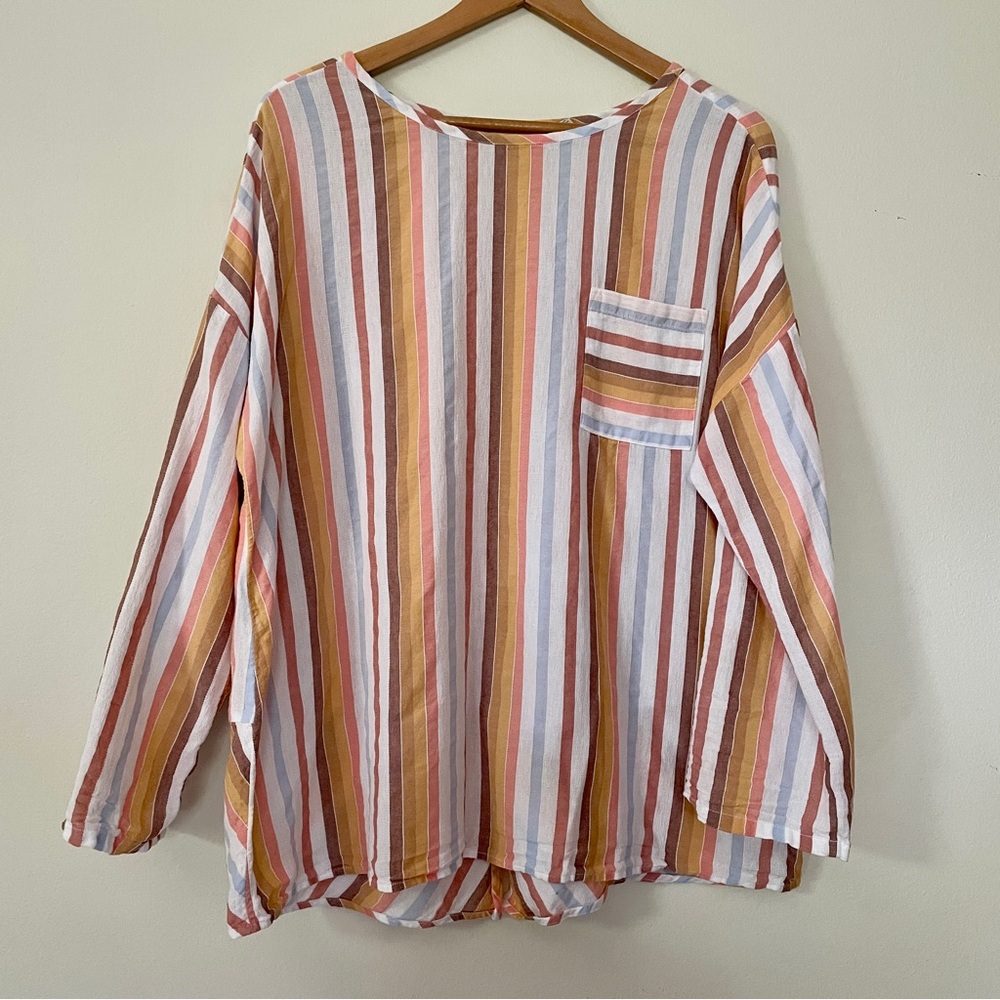 Soft Surroundings Pastel Striped Sz XL Roll Tab Tunic Beachy Coastal Colorful